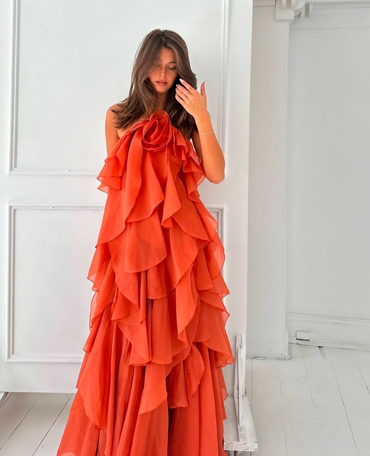 Aje Pandorea Layered Maxi Dress Coral Clay - Loop Hires Aje Pandorea Layered Maxi Dress Coral Clay - Loop Hires