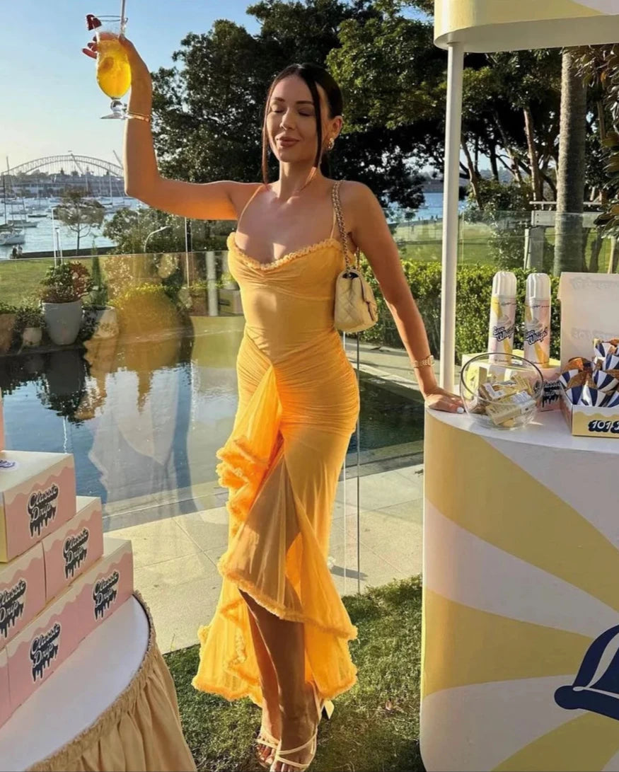 house of cb yellow ruffle dress Rent House Of CB Gabbi Ruffled Front Gown Apricot