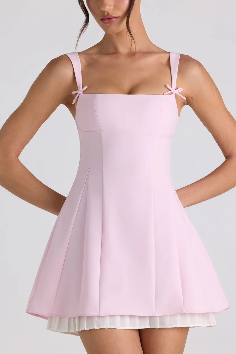Oh Polly Cressida Bow-Detail Pleated Mini Dress - Soft Pink Oh Polly