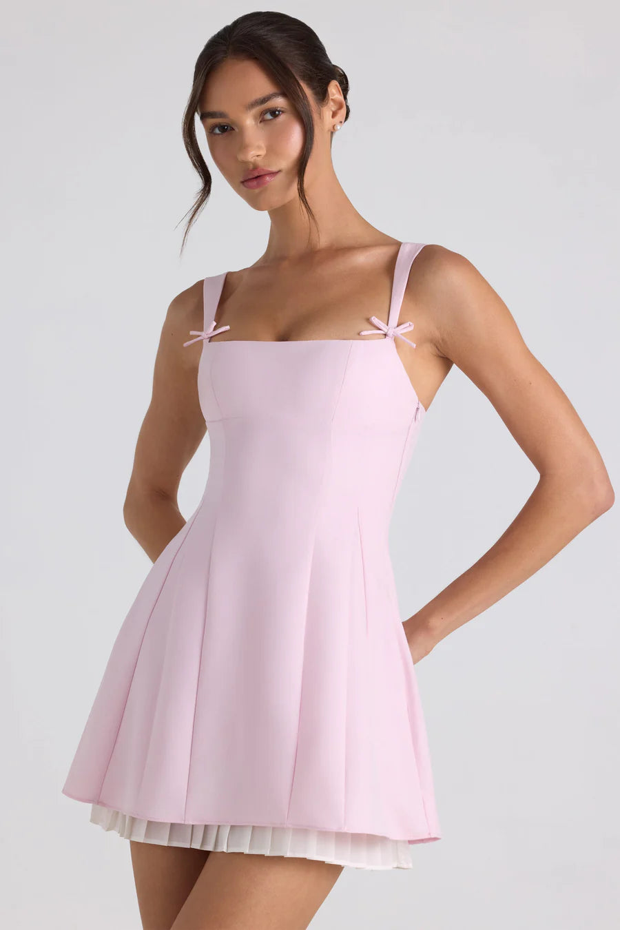 Oh Polly Cressida Bow-Detail Pleated Mini Dress - Soft Pink Oh Polly