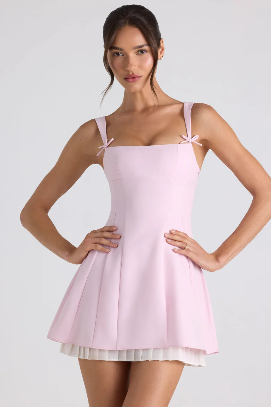 Oh Polly Cressida Bow-Detail Pleated Mini Dress - Soft Pink Oh Polly
