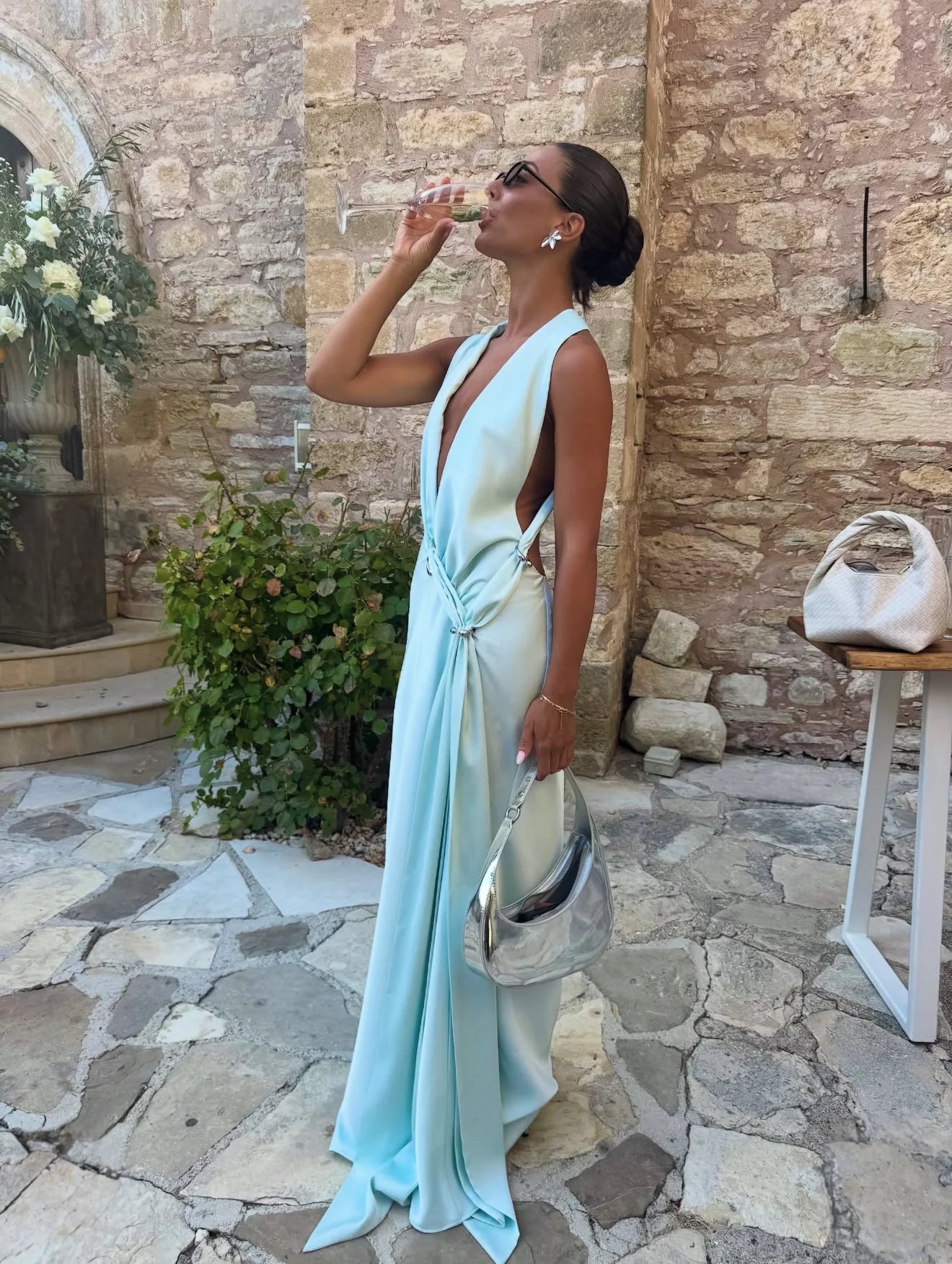 Misha The Harlow Satin Maxi Dress - Ice Blue Misha hire