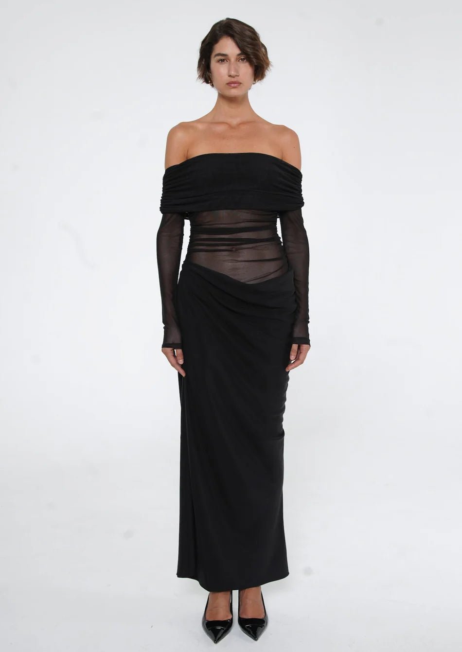 Benni Yasmin Off-Shoulder Maxi Dress hire – black