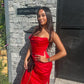 House of CB Adrienne Satin Strapless Gown hire – scarlett red