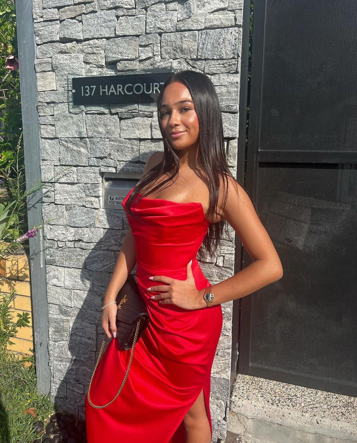 House of CB Adrienne Satin Strapless Gown hire – scarlett red