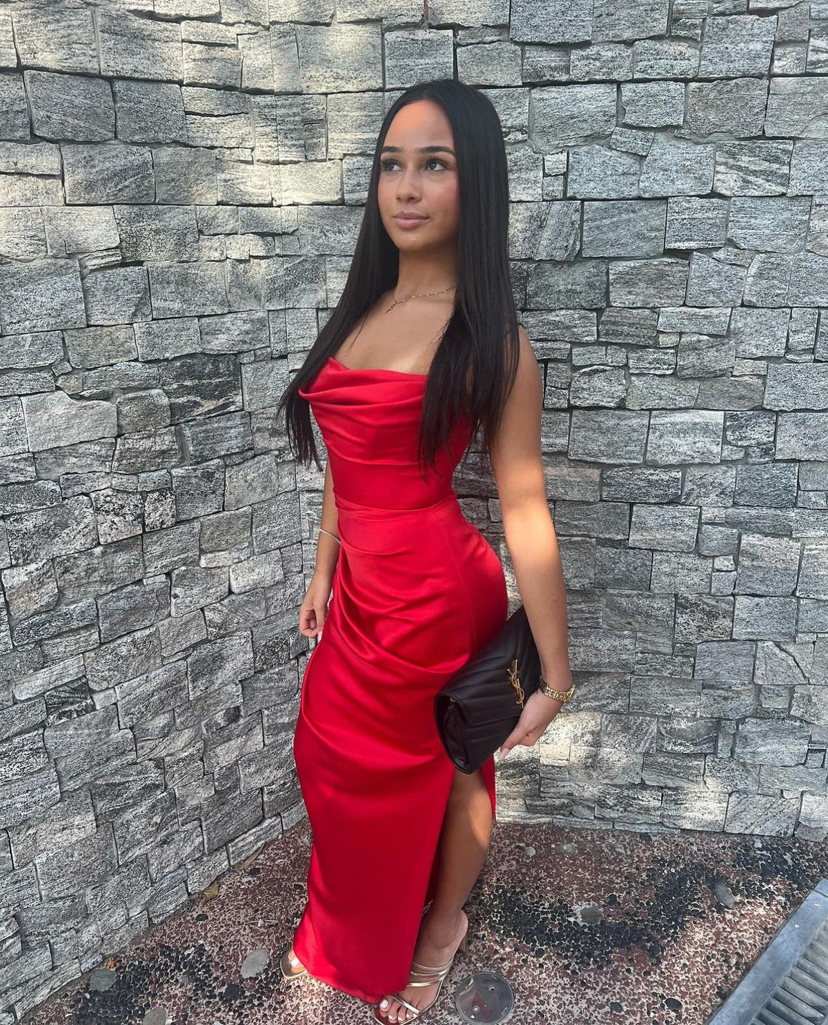 House of CB Adrienne Satin Strapless Gown hire – scarlett red