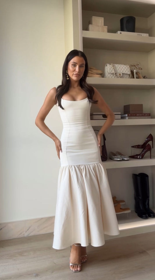 House of CB Amore Dropped Waist Midi Dress hire – vintage cream