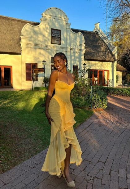 House of CB Gabbi Ruffled Front Gown hire – apricot