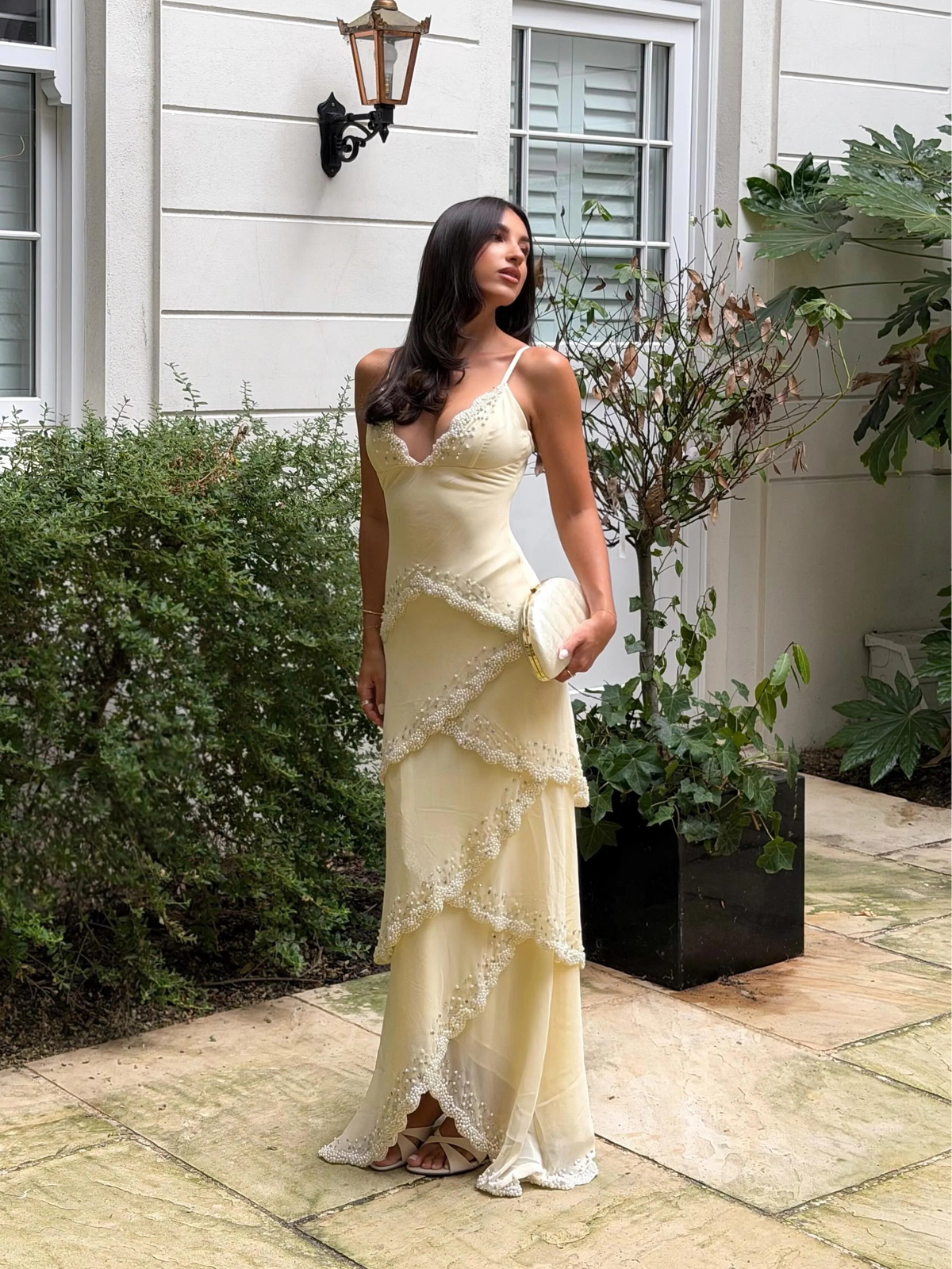 House of CB Sorelle Embellished Tiered Maxi Dress hire – beige