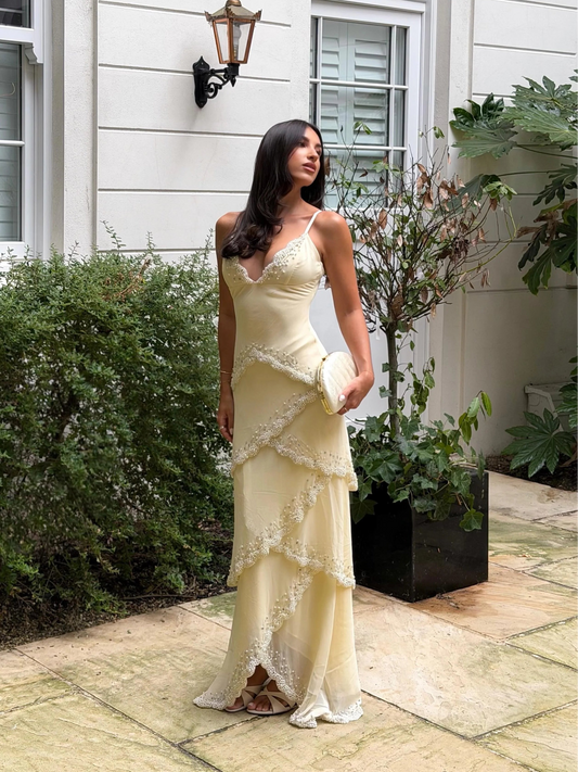 House of CB Sorelle Embellished Tiered Maxi Dress hire – beige