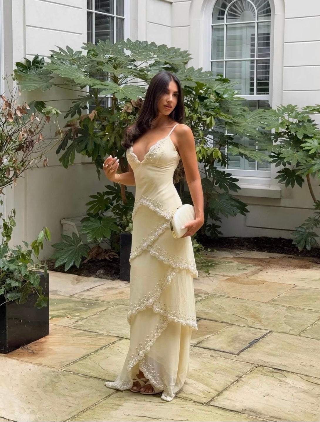 House of CB Sorelle Embellished Tiered Maxi Dress hire – beige