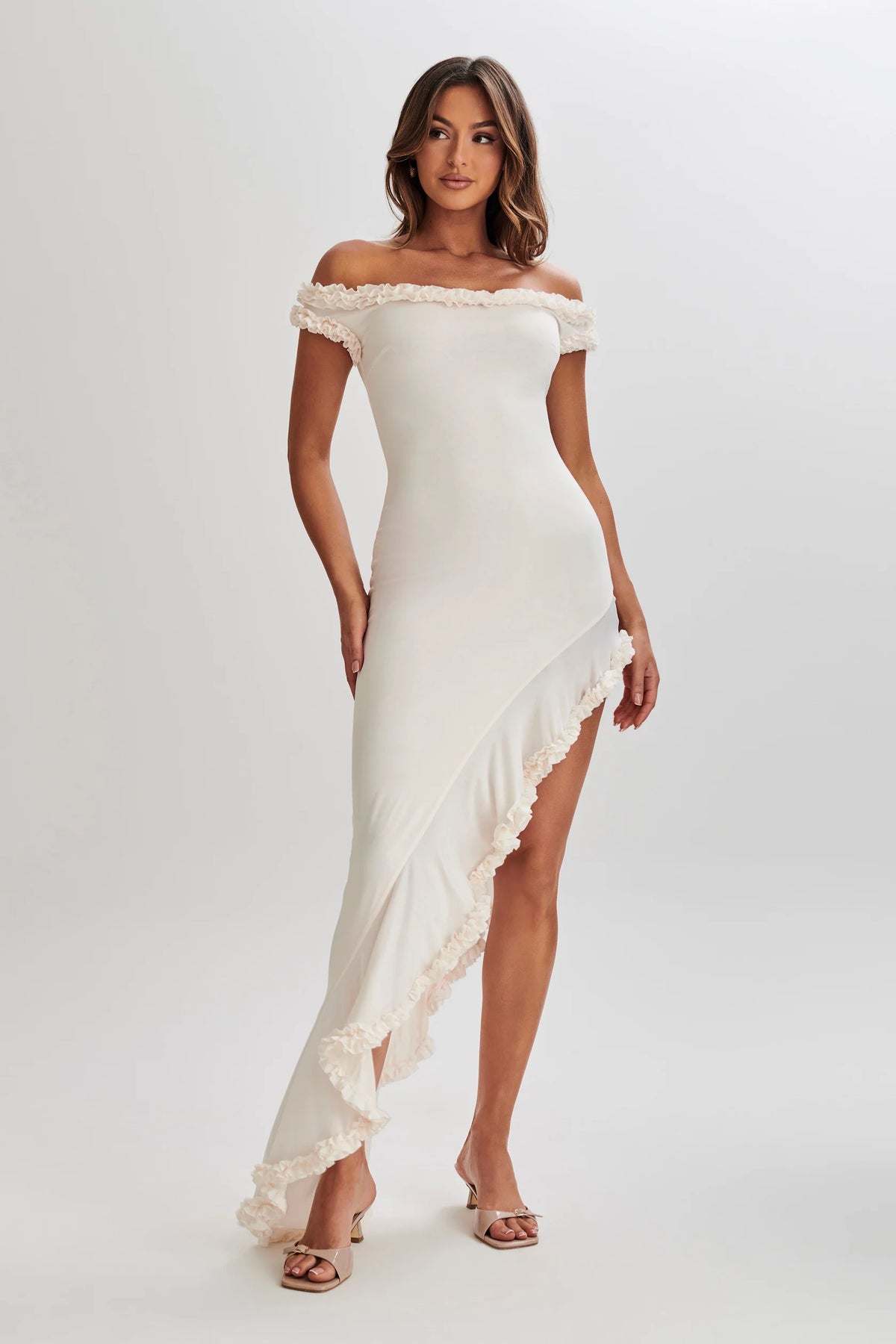 Meshki Arielle Off Shoulder Ruffle Midi Dress hire – ivory
