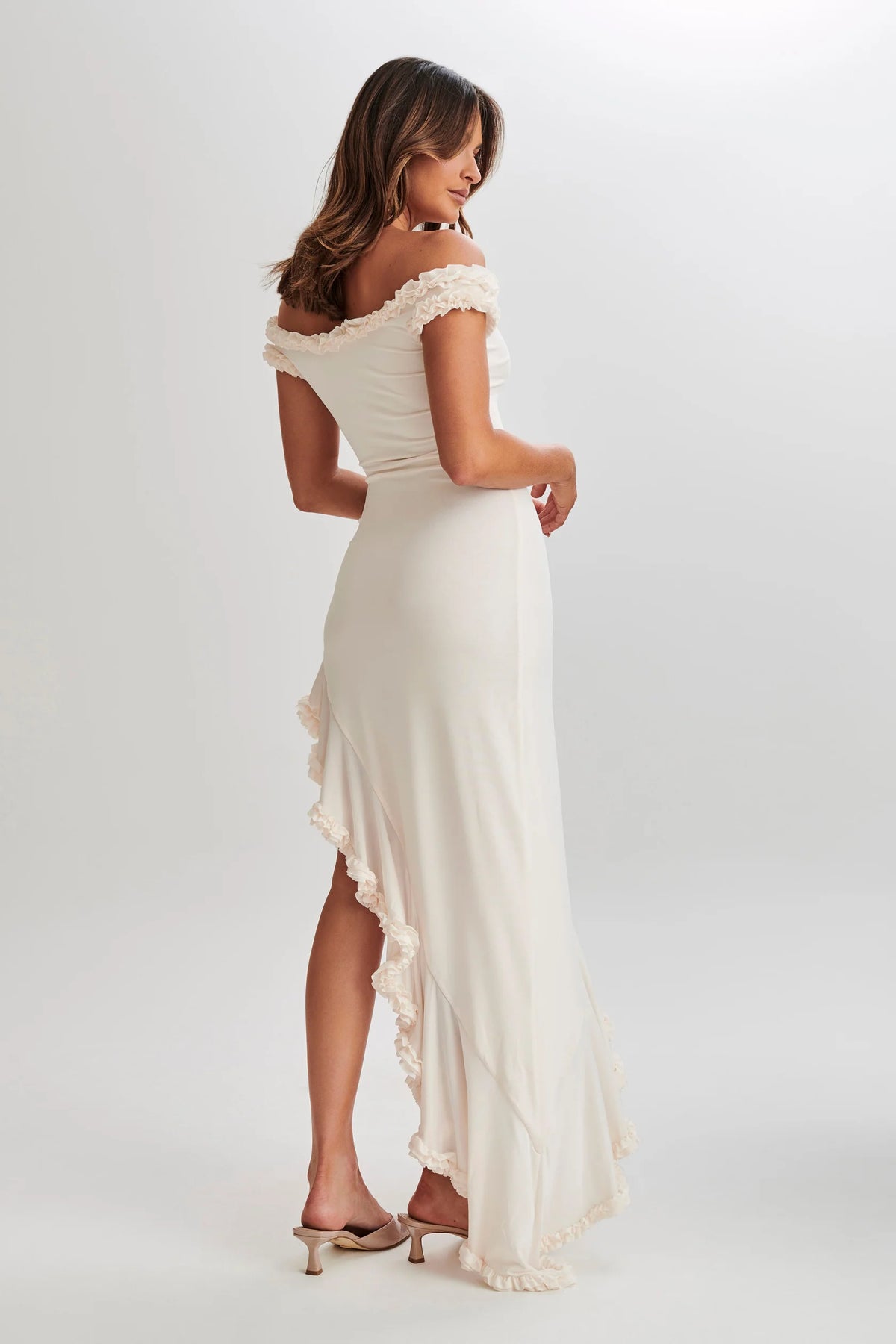 Meshki Arielle Off Shoulder Ruffle Midi Dress hire – ivory