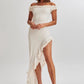 Meshki Arielle Off Shoulder Ruffle Midi Dress hire – ivory