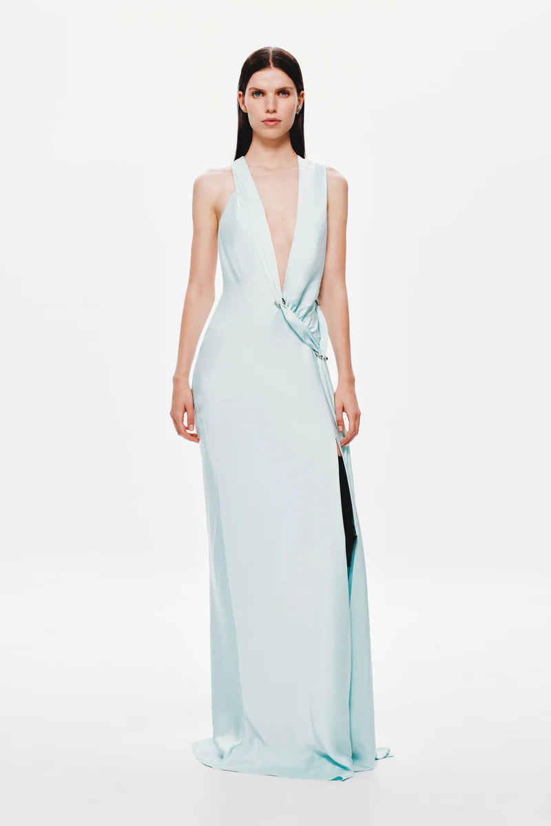 Misha The Harlow Satin Maxi Dress hire – ice blue