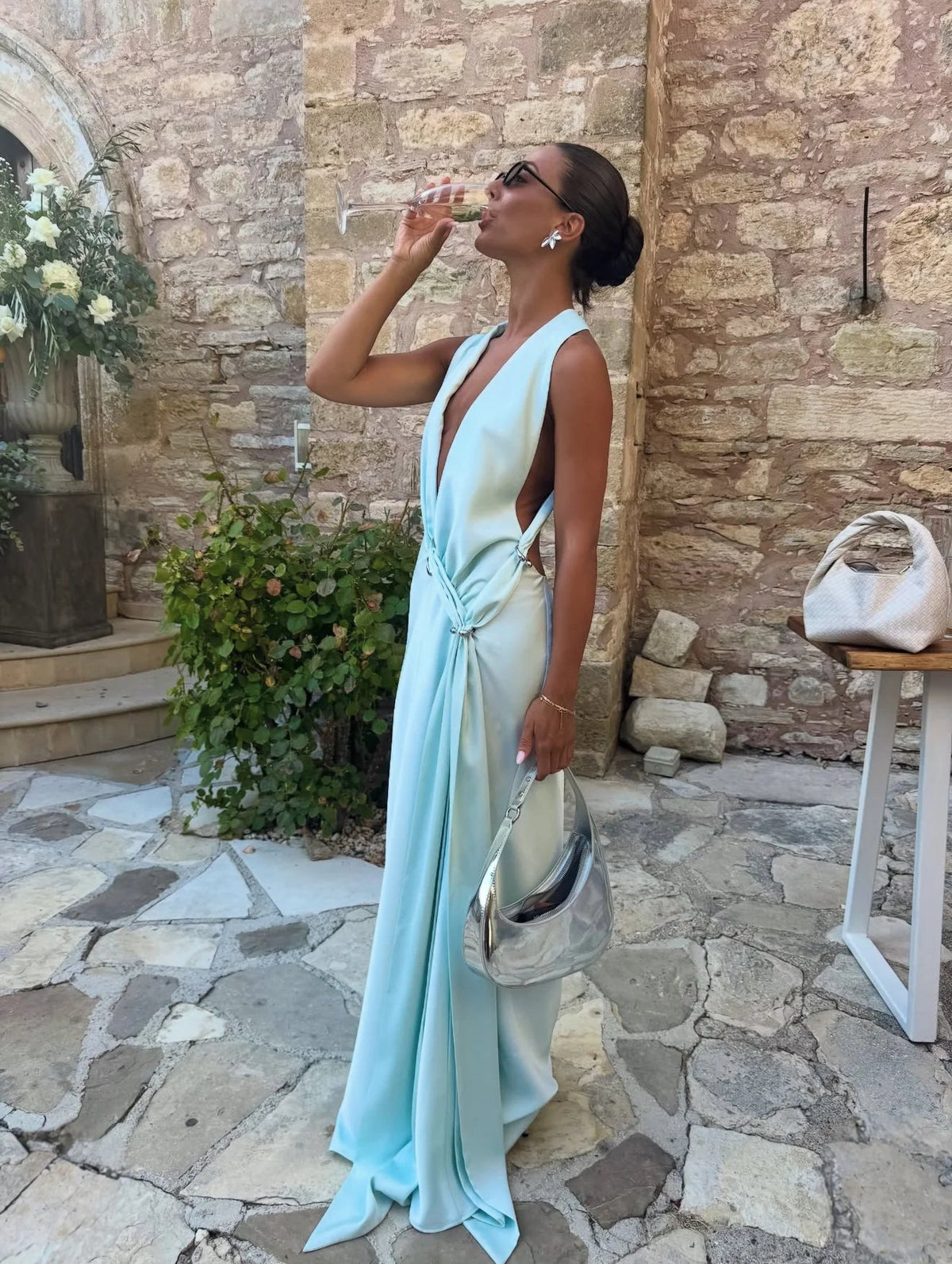 Misha The Harlow Satin Maxi Dress hire – ice blue