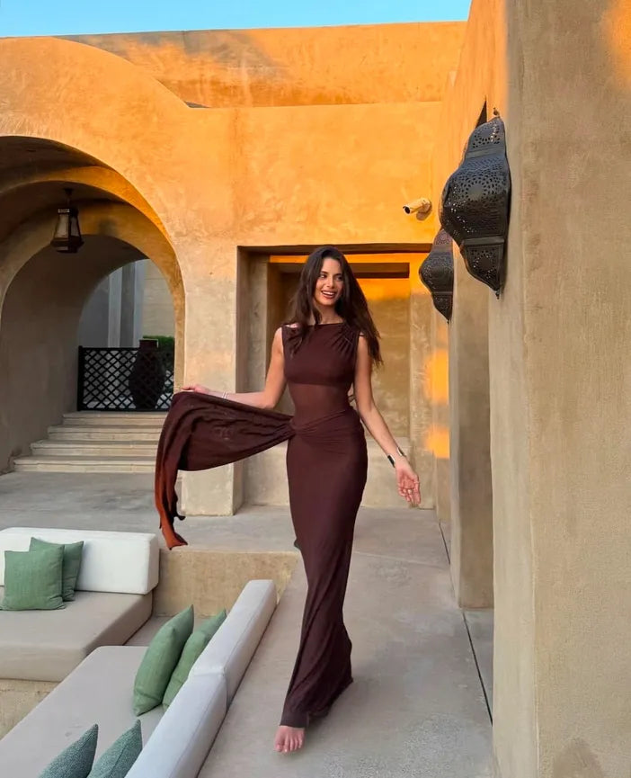 Misha Sisal Maxi Dress hire – espresso