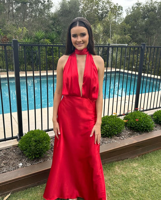 YLD Design Halter Tie Maxi Dress hire – red